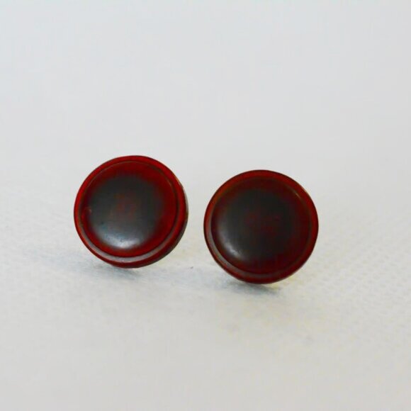 Deep Red Button Stud Earrings - Picture 1 of 4